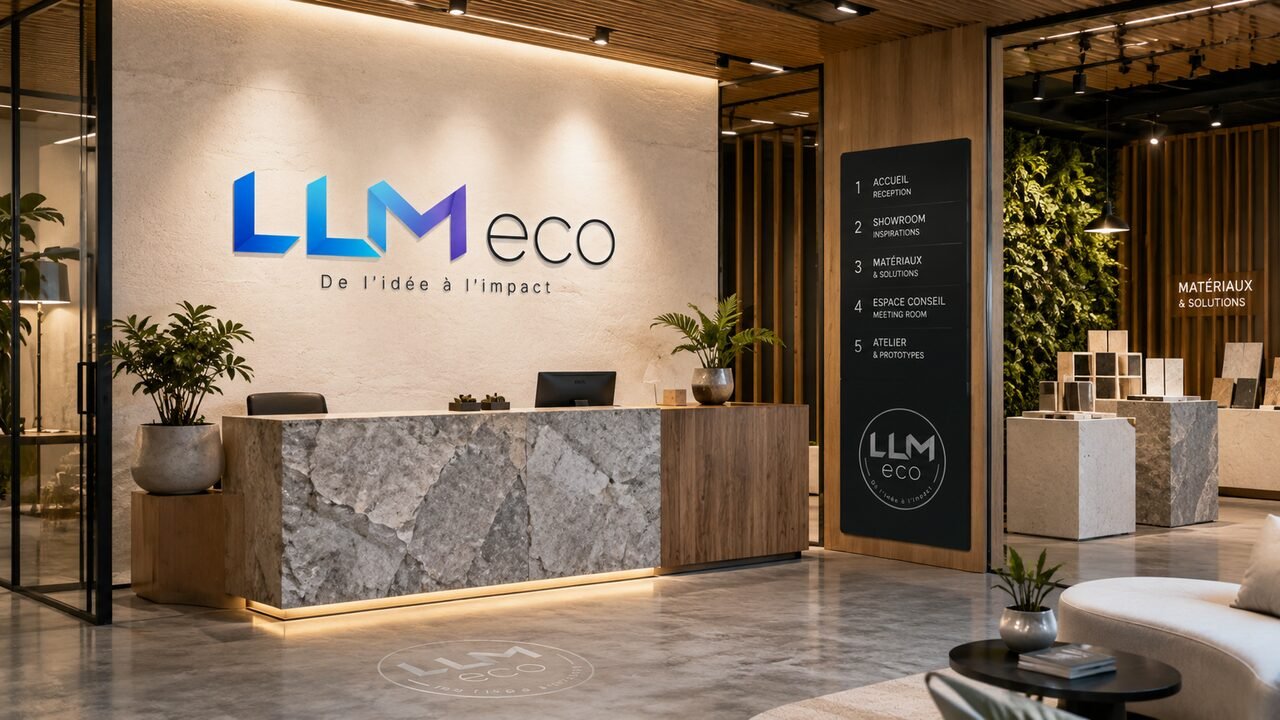 Comptoir d'accueil habillé aux couleurs LLM Eco