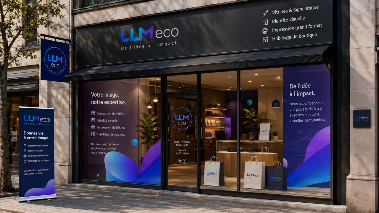 Devanture de boutique habillée aux couleurs LLM Eco